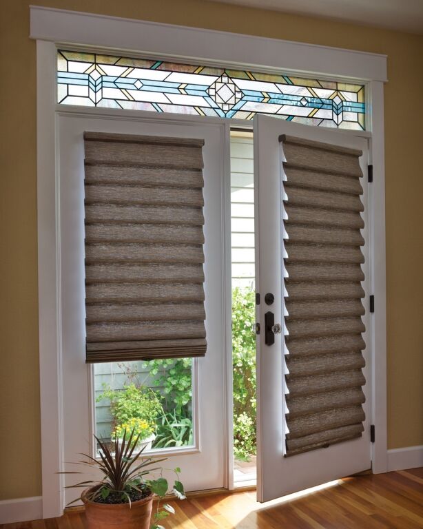 Roman shades on French door with Stained Glass