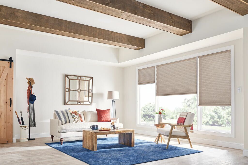 Honeycomb Shades complement high ceilings with beautifully exposed beams