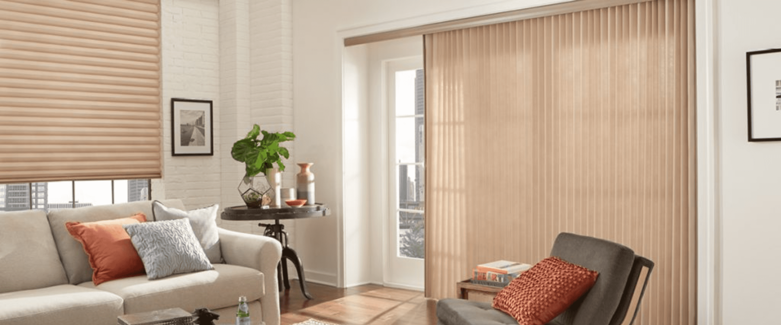 Window treatments for living room doors.
